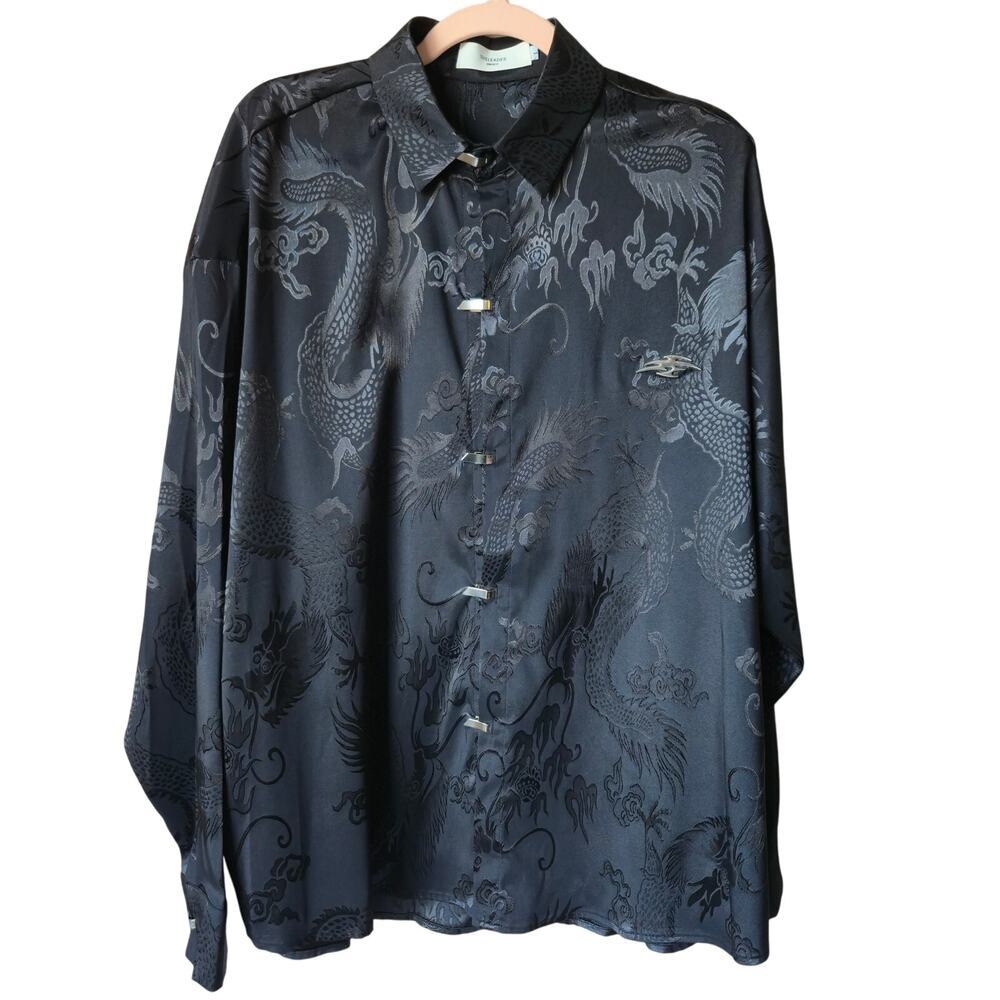 The Leader Unisex Satin Jaquard Dragon Print Shirt Size Large